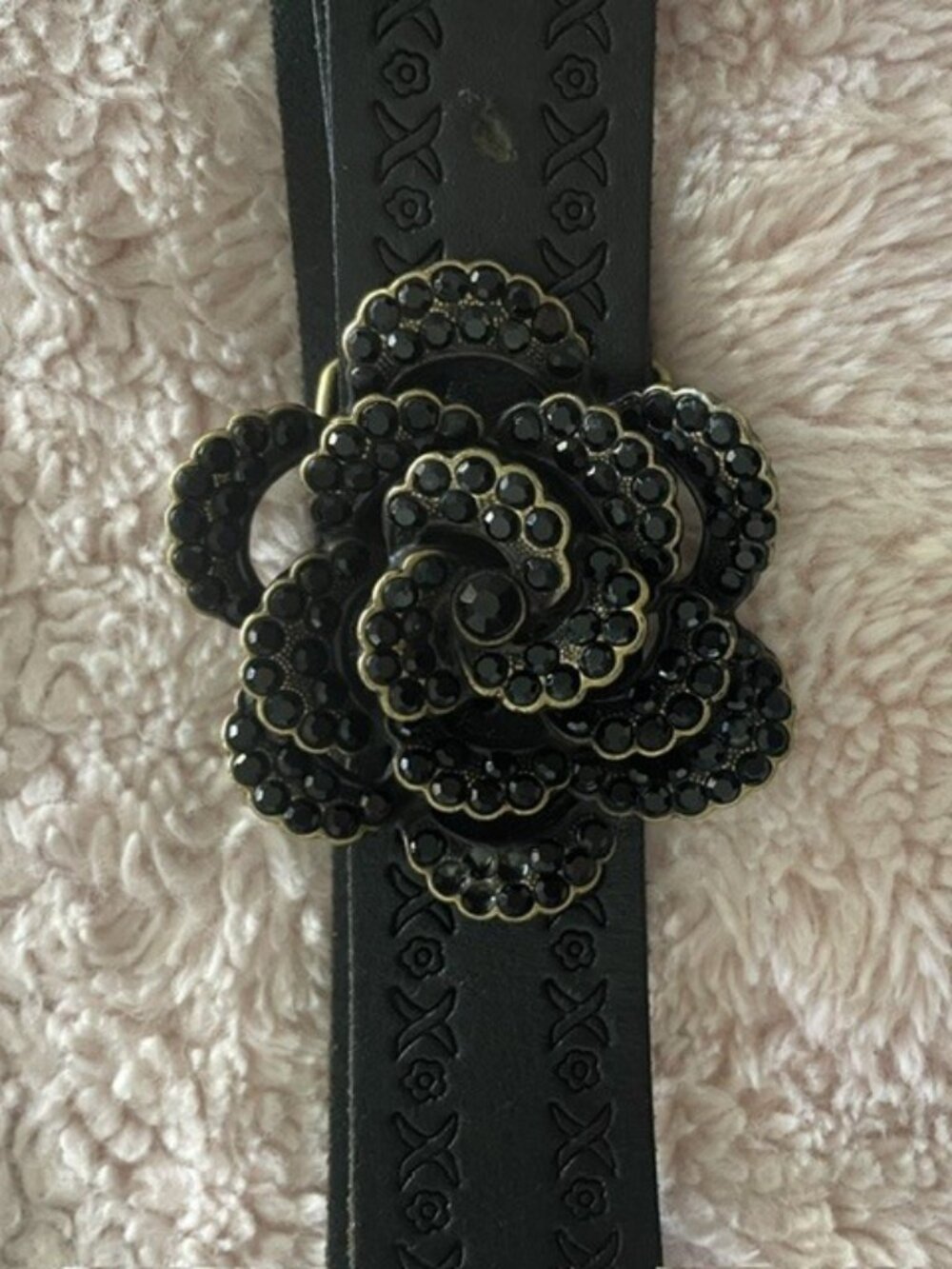 Fossil Tooled Black Leather Belt Jeweled Rhinestone Rose Flower Buckle L Large